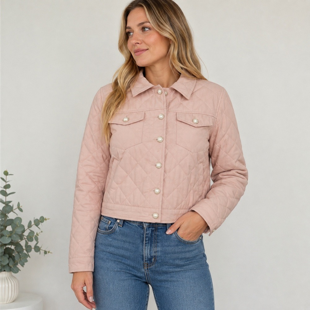 Haute‎ Monde Quilted Cropped Jacket Women's L Blush Pink Pearl Buttons